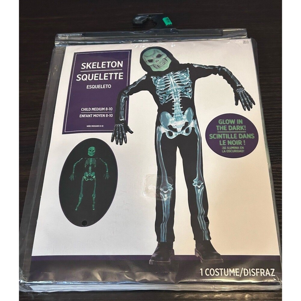 Glow In The Dark Skeleton Costume Child Medium 8-10 Halloween New Black